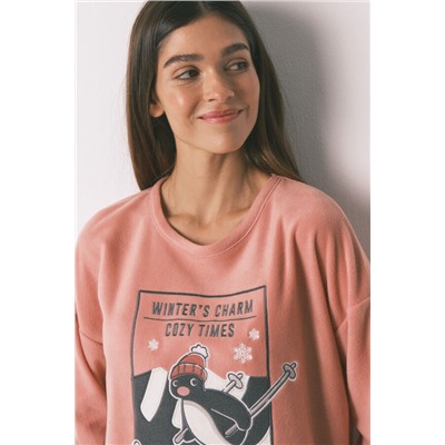 Pijama largo polar suave rosa y gris Pingu