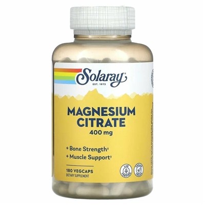 Цитрат магния 400 мг 180 капсул, Solaray Magnesium Citrate для здоровой работы сердца, мышц, нервов и кровообращения