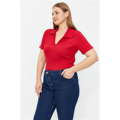 Kırmızı Polo Yaka Vücuda Oturan Fitilli Örme Bluz TBBSS22BZ0750
