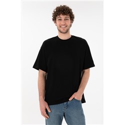 Erkek Oversize Fit Bisiklet Yaka Siyah Tişört