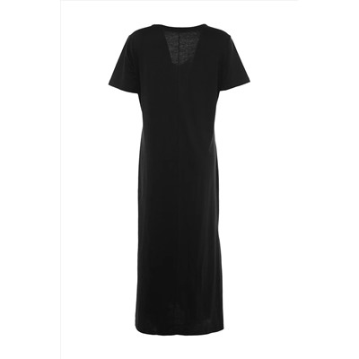 Siyah V Yaka Yırtmaçlı Maxi/Uzun %100 Pamuk Örme Elbise TBBSS22AH0163
