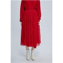 Falda midi de seda Rojo