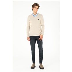 Erkek Slim Fit V Yaka Taş Melanj Basic Kazak