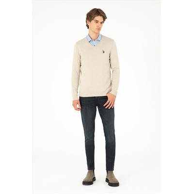 Erkek Slim Fit V Yaka Taş Melanj Basic Kazak