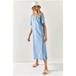 Olalook, Kadın İndigo Yanı Yırtmaçlı Oversize Pamuk Elbise ELB-19001880