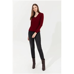 Kadın Bordo V - Yaka Basic Kazak