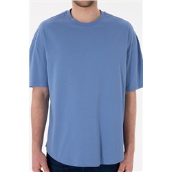 Erkek Long Fit Bisiklet Yaka Koyu Mavi Basic Tişört