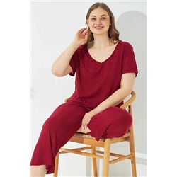 Siyah İnci Bordo Soft Touch Ince Curve Büyük Beden Battal Boy Örme Pijama Takım 7661