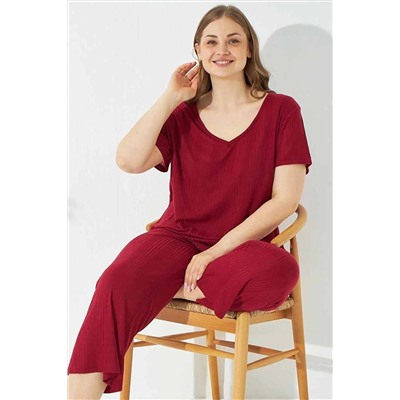 Siyah İnci Bordo Soft Touch Ince Curve Büyük Beden Battal Boy Örme Pijama Takım 7661
