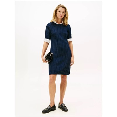 Short-Sleeve Cable Knit Sweater Dress