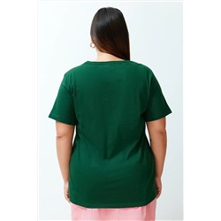 Koyu Yeşil Slogan Baskılı Boyfriend %100 Pamuk Örme Büyük Beden T-shirt TBBSS24BF00036