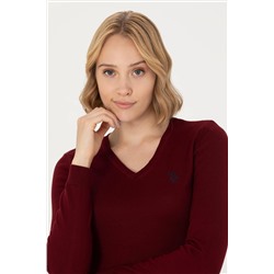 Kadın Bordo V - Yaka Basic Kazak