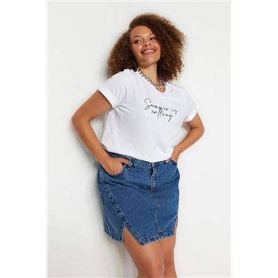 Mavi Çift Yırtmaçlı Denim Etek TBBSS23AZ00056
