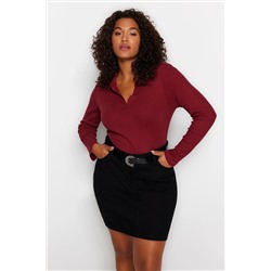 Trendyol Curve Bordo Vücuda Oturan Fitilli Örme Gömlek Yaka Çıtçıtlı Body TBBAW23CS00007