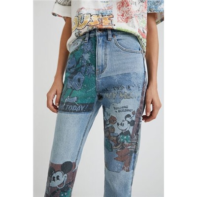 Pantalón vaquero straight cropped Mickey Mouse