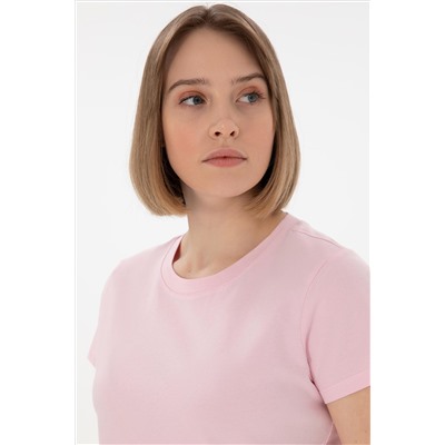 Kadın Açık Pembe Bisiklet Yaka Basic Tişört
