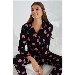Siyah İnci siyah pembe kalp desenli Pamuklu Düğmeli Pijama Takımı 7685