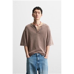 WASHED KNIT BUTTON-UP T-SHIRT