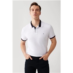 Avva Erkek Beyaz Yakası Çizgili %100 Pamuk Standart Fit Normal Kesim 2 Düğmeli Polo Yaka T-shirt E001036