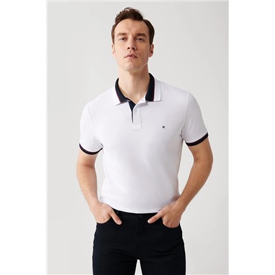 Avva Erkek Beyaz Yakası Çizgili %100 Pamuk Standart Fit Normal Kesim 2 Düğmeli Polo Yaka T-shirt E001036