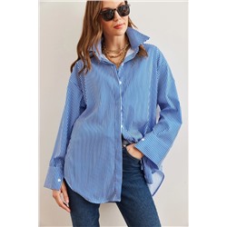 Olalook Kadın Çizgili Mavi Gizli Patlı Poplin Gömlek GML-19000867