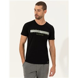 Siyah Slim Fit Baskılı Bisiklet Yaka Tişört