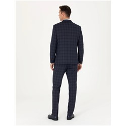 Lacivert Ekose Yün Karışımlı Ekstra Slim Fit Takım Elbise