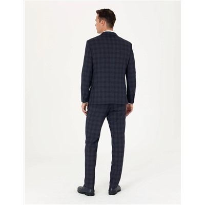 Lacivert Ekose Yün Karışımlı Ekstra Slim Fit Takım Elbise