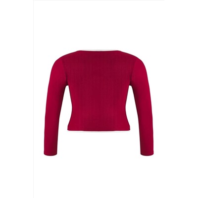 Bordo Teen Kontrast Biye Detaylı Fitted/Vücuda Oturan Fermuarlı Yaka Esnek Örme Bluz TBBAW26AF00041