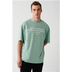 Avva Erkek Su Yeşili Oversize %100 Pamuk Bisiklet Yaka Önü Yazı Baskılı T-shirt A31y1181 A31Y1181