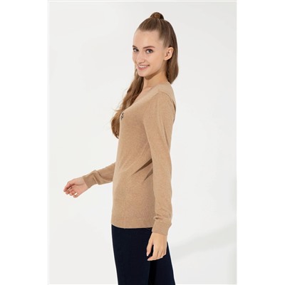 Kadın Camel Melanj Basic V - Yaka Kazak