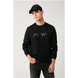 Avva Erkek Siyah Bisiklet Yaka Baskılı Standart Fit Normal Kesim Sweatshirt A32Y1394