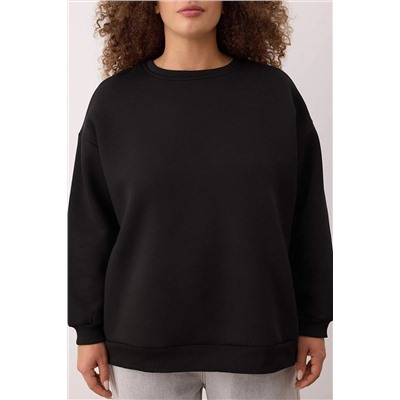 Siyah Oversize/Rahat Kesim Basic Bisiklet Yaka Kalın/İçi polarlı Örme Sweatshirt TBBAW25AO00008