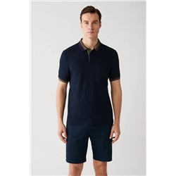 Avva, Erkek Lacivert Yakası Çizgili %100 Pamuk 2 Düğmeli Polo Yaka T-shirt E001036