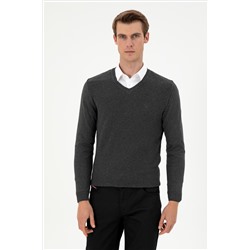 Erkek Slim Fit V Yaka Antrasit Melanj Basic Kazak