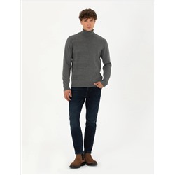Gri Melanj Slim Fit Balıkçı Yaka Triko Kazak