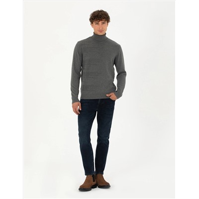 Gri Melanj Slim Fit Balıkçı Yaka Triko Kazak
