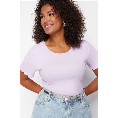 Lila Kaşkorse %100 Pamuk Fitilli Örme Büyük Beden Bluz TBBSS24AF00108