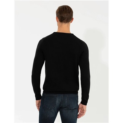 Siyah Slim Fit Bisiklet Yaka Basic Triko Kazak
