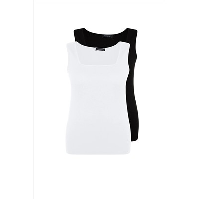 Trendyol Curve Siyah-Beyaz Basic Fitilli Örme 2'li Paket Kare Yaka Atlet TBBSS22AL0024