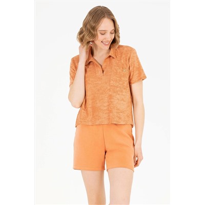 Kadın Pudra Polo Yaka Crop Tişört