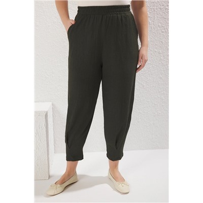 Haki Havuç Fit Beli Lastikli Örme Büyük Beden Pantolon TBBSS23AR00002