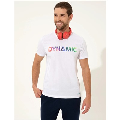 Beyaz Slim Fit Baskılı Bisiklet Yaka Tişört
