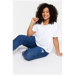 Beyaz Regular Fit Basic Bisiklet Yaka %100 Pamuk Örme Büyük Beden T-Shirt TBBSS22TS0733