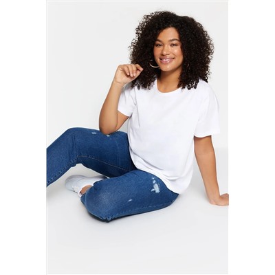 Beyaz Regular Fit Basic Bisiklet Yaka %100 Pamuk Örme Büyük Beden T-Shirt TBBSS22TS0733