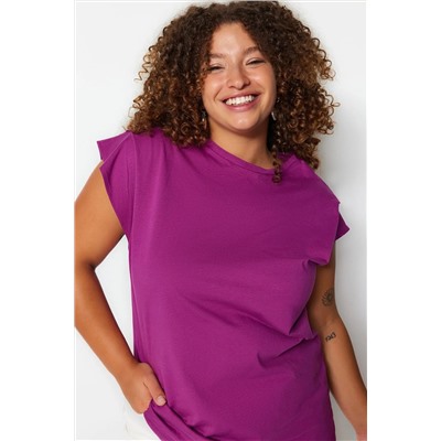Mor Bisiklet Yaka Kol Detaylı %100 Pamuk Örme T-Shirt TBBSS22BF0023