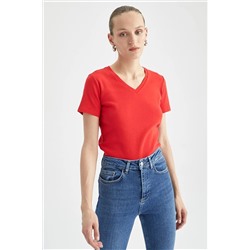 Defacto Slim Fit V Yaka Kısa Kollu %100 Pamuk Tişört I1080AZ23SM