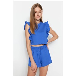 TRENDYOLMİLLA Lacivert %100 Pamuk Fırfırlı T-shirt-Şort Örme Pijama Takımı THMSS23PT00175
