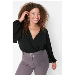 Siyah Balon Kol Kruvaze Yaka Örme Crop Bluz TBBAW23AF00029