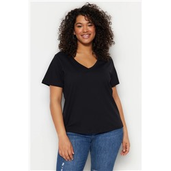 Siyah-Beyaz 2'li Paket Basic V Yaka %100 Pamuk Örme Büyük Beden T-Shirt TBBSS22TS0705